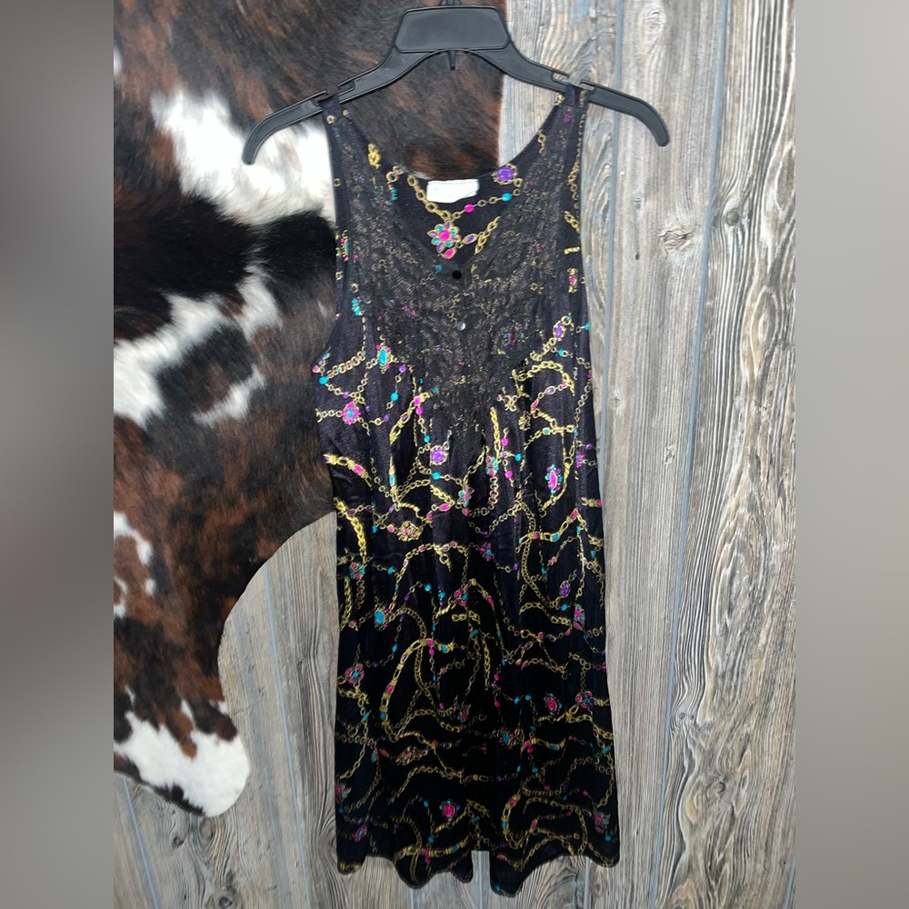 Vintage RARE FIND Vassarette size medium black slip gown with jewelry print